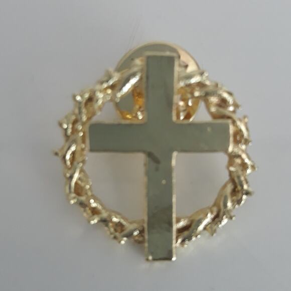 Vintage Gold Cross Crown of Thorns Lapel Pin - Picture 1 of 3